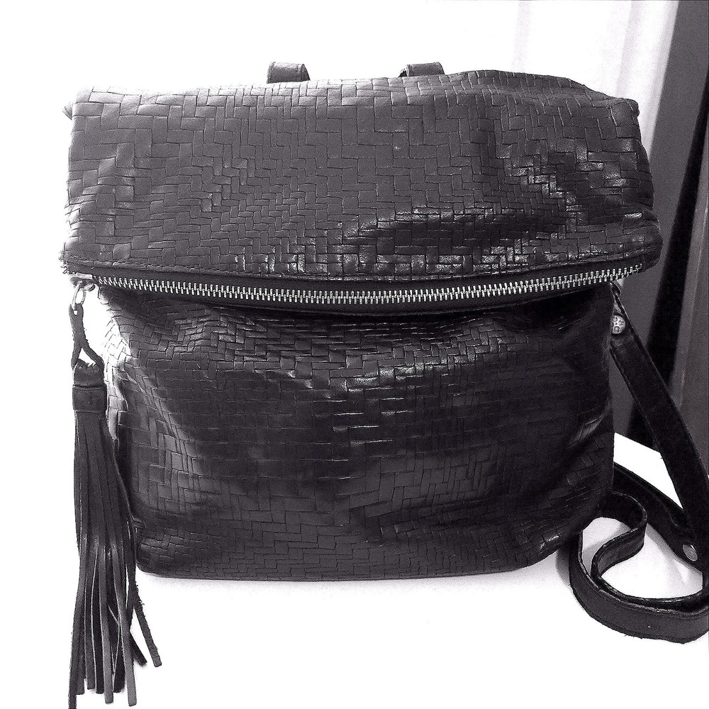 Patricia Nash Luzille Black Woven Leather Foldover Backpack Crossbody Tassel Bag